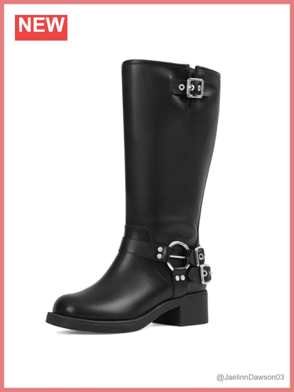 Wide Calf Knee High Moto Boots with Buckles Chunky Heel Women's Square Toe Lace